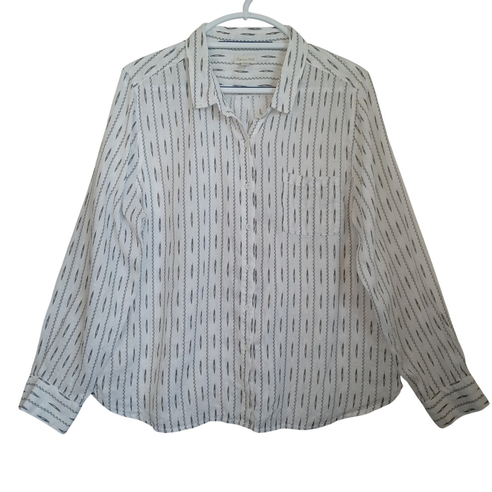 Garnet Hill Womens 16 White Grey Ikat Stripe 100% Linen Button Down Shirt Blouse